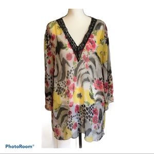 Maggie Barnes sheer flower & cheetah print top 3X
